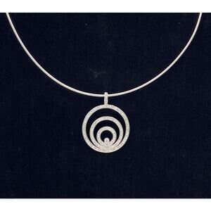 Sterling Silver Concentric Circles CZ Pendant & 16" Omega Necklace 1.3mm Italy